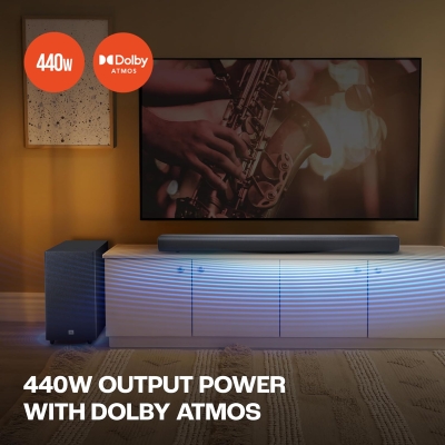 Picture of JBL Cinema SB590 Deep Bass, Dolby Atmos Soundbar with Wireless Subwoofer for Extra Deep Bass, 3.1 Channel, Center channel for superior voice clarity, HDMI eARC, Bluetooth & Optical Connectivity (440W)