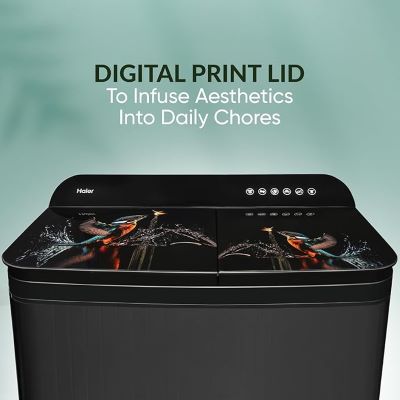 Picture of Haier 9 kg Toughened Glass with Digital Kingfisher Print, Anti Bacterial Vortex Pulsator, 1300 RPM, Spray Function, Wash Programs, Magic Filter, Rat Mesh Semi Automatic Top Load Washing Machine Black, Grey (HTW90-178FL)