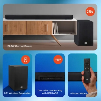 Picture of JBL Cinema SB180, Wireless Subwoofer for Extra Deep Bass with Remote HDMI 220 W Bluetooth Soundbar (Black, 2.1 Channel)
