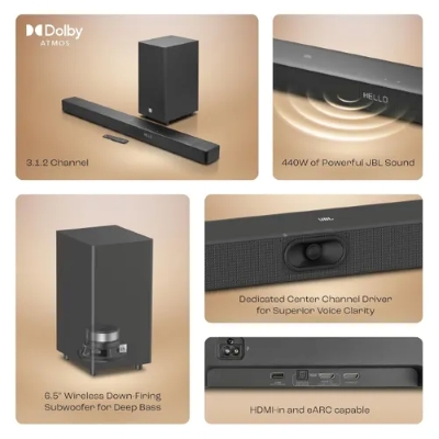 Picture of JBL Cinema SB595 True Dolby Atmos, Wireless Subwoofer,HDMI eARC,Bluetooth Streaming 440 W Bluetooth Soundbar (Black, 3.1 Channel)