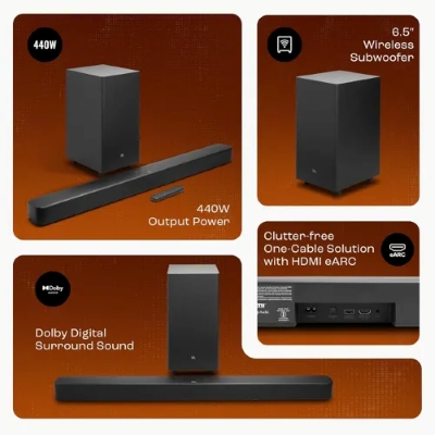 Picture of JBL Bar 2.1 Essential Dolby Digital with Powerful Bass, Wireless Subwoofer, HDMI ARC 440 W Bluetooth Soundbar (Black, 2.1 Channel)