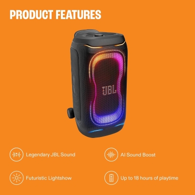 Picture of JBL Partybox 330, AI Sound Boost,Futuristic Light Show,18Hrs play time,Smart EQ mode 280 W Bluetooth Party Speaker (Black, Mono Channel)