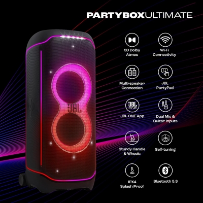 Picture of JBL Partybox Ultimate,Dynamic Lightshow,Party pad, Dual Mic with Guitar Inputs 1100 W Bluetooth Party Speaker (Black, Stereo Channel)
