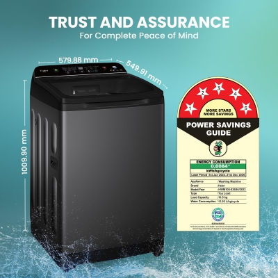 Picture of Haier 10.5 kg 5 Star Inbuilt Butterfly heater, Oceanus Wave Drum Washing Machine Fully Automatic Top Load (HWM105-H688BK,Black)