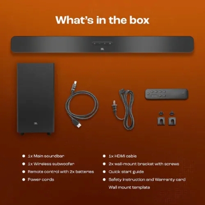 Picture of JBL Bar 2.1 Essential Dolby Digital with Powerful Bass, Wireless Subwoofer, HDMI ARC 440 W Bluetooth Soundbar (Black, 2.1 Channel)